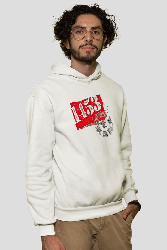 1453 Baskılı Beyaz Unisex Hoodie