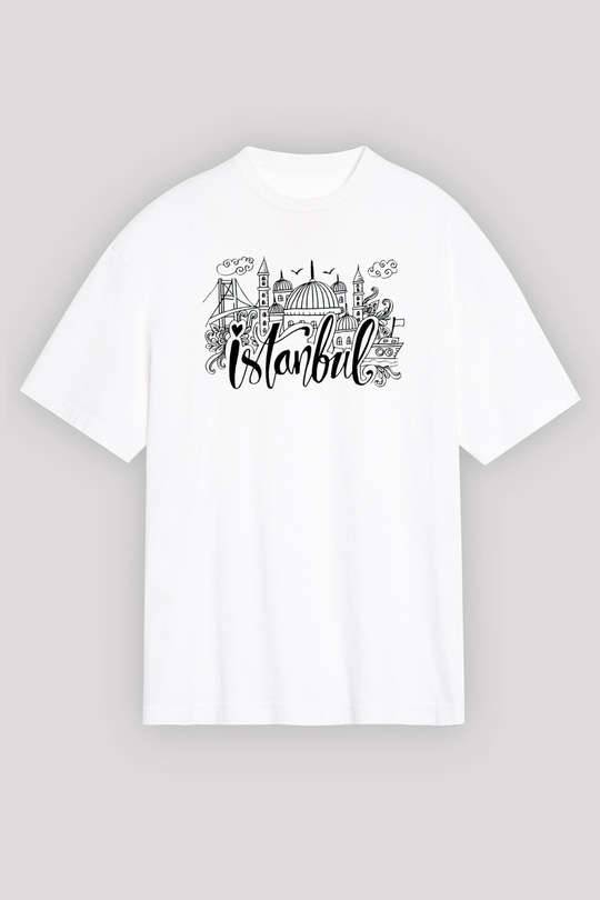 1453 Baskılı Beyaz Unisex Oversize Tişört - Tshirt