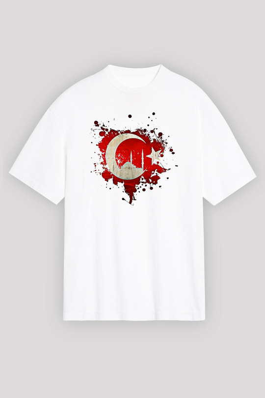 1453 Baskılı Beyaz Unisex Oversize Tişört - Tshirt