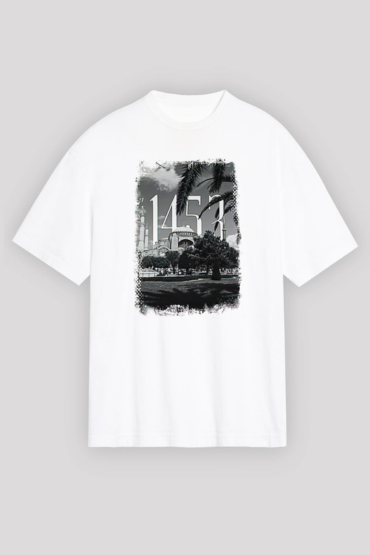 1453 Baskılı Beyaz Unisex Oversize Tişört - Tshirt