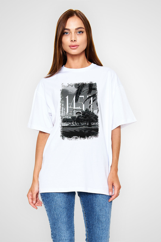 1453 Baskılı Beyaz Unisex Oversize Tişört - Tshirt