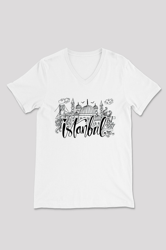 1453 Baskılı Beyaz Unisex V Yaka Tişört - Tshirt