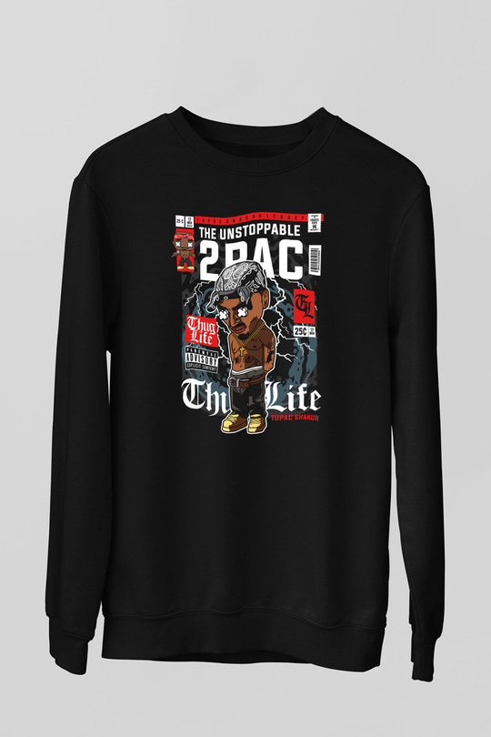 2 Pac Baskılı Unisex Siyah Sweatshirt