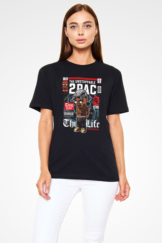 2 Pac Baskılı Unisex Siyah Tişört