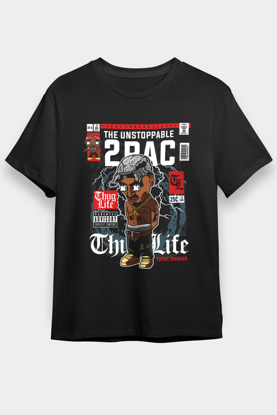 2 Pac Baskılı Unisex Siyah Tişört