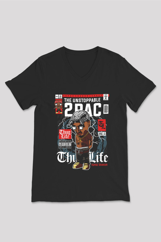 2 Pac Baskılı Unisex Siyah V Yaka Tişört