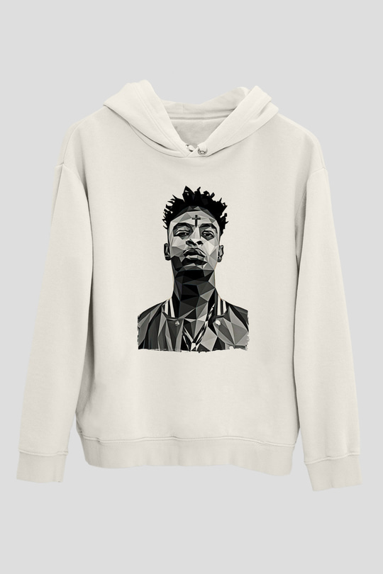 21 Savage Baskılı Beyaz Unisex Kapüşonlu Sweatshirt