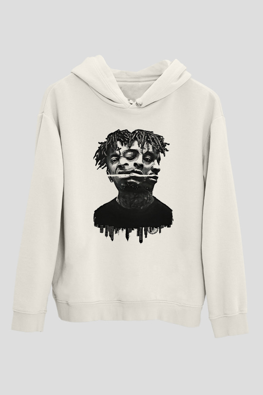 21 Savage Baskılı Beyaz Unisex Kapüşonlu Sweatshirt