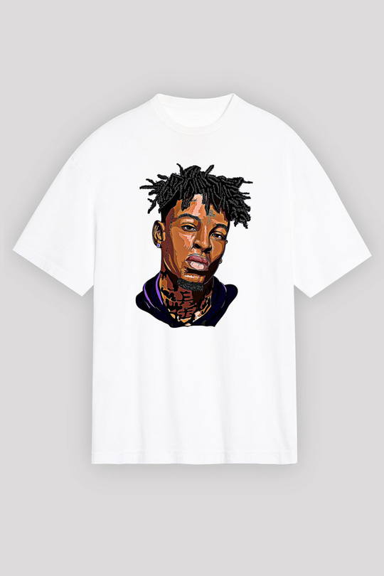 21 Savage Baskılı Beyaz Unisex Oversize Tişört - Tshirt