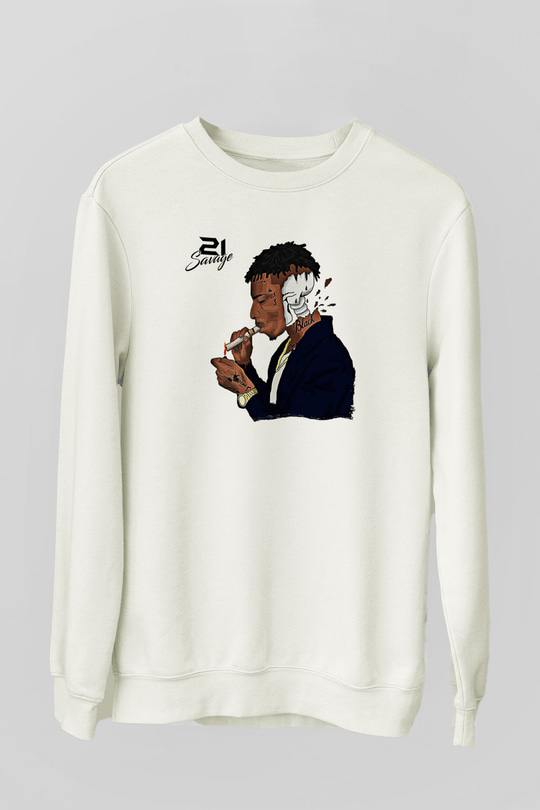 21 Savage Baskılı Beyaz Unisex Sweatshirt
