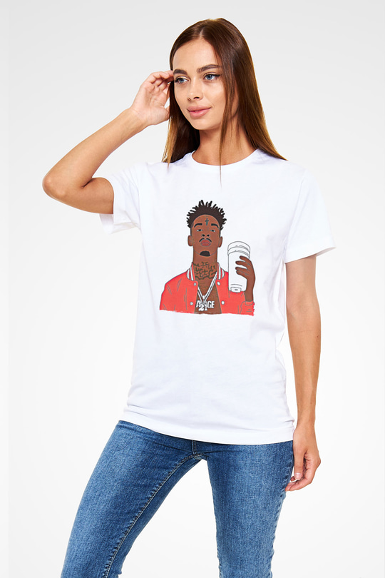 21 Savage Baskılı Unisex Beyaz Tişört - Tshirt