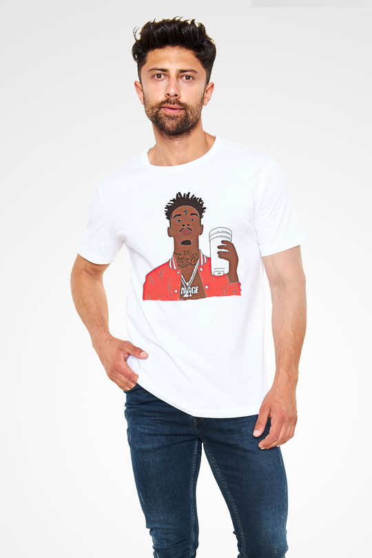 21 Savage Baskılı Unisex Beyaz Tişört - Tshirt