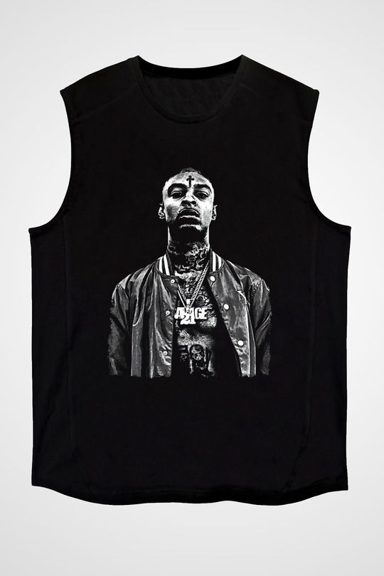 21 Savage Baskılı Unisex Siyah Kolsuz Tişört - Tshirt