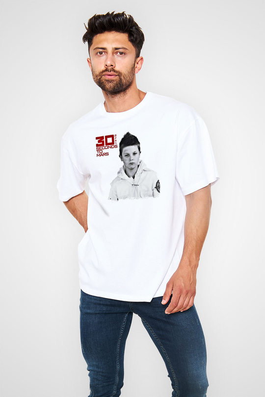 30 Seconds To Mars Baskılı Unisex Beyaz Oversize Tişört