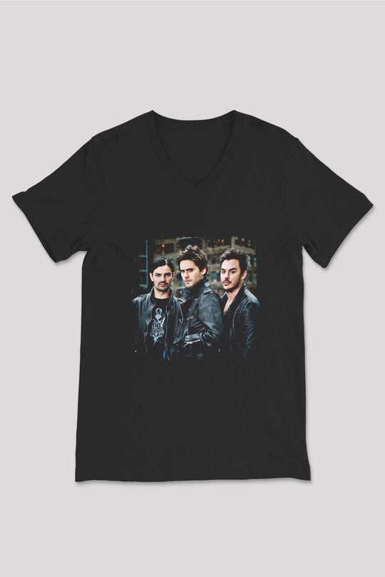 30 Seconds To Mars Baskılı Unisex Siyah V Yaka Tişört
