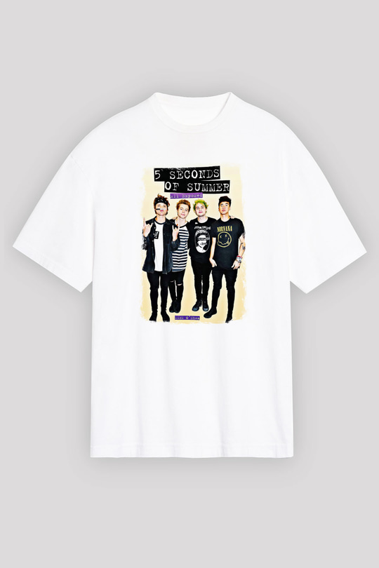 5 Seconds Of Summer Baskılı Unisex Beyaz Oversize Tişört