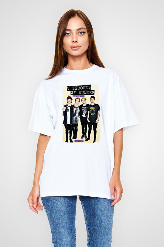 5 Seconds Of Summer Baskılı Unisex Beyaz Oversize Tişört