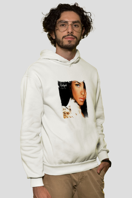 Aaliyah Baskılı Unisex Beyaz Kapüşonlu Sweatshirt