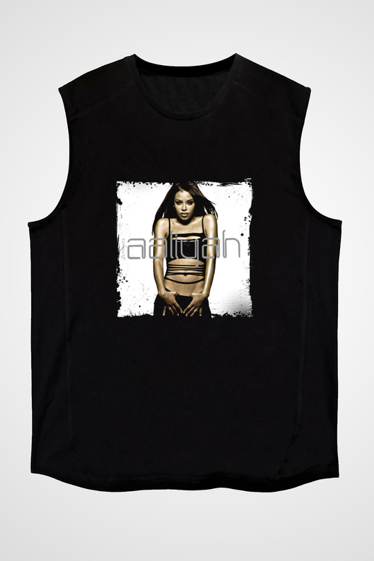 Aaliyah Baskılı Unisex Siyah Kolsuz Tişört