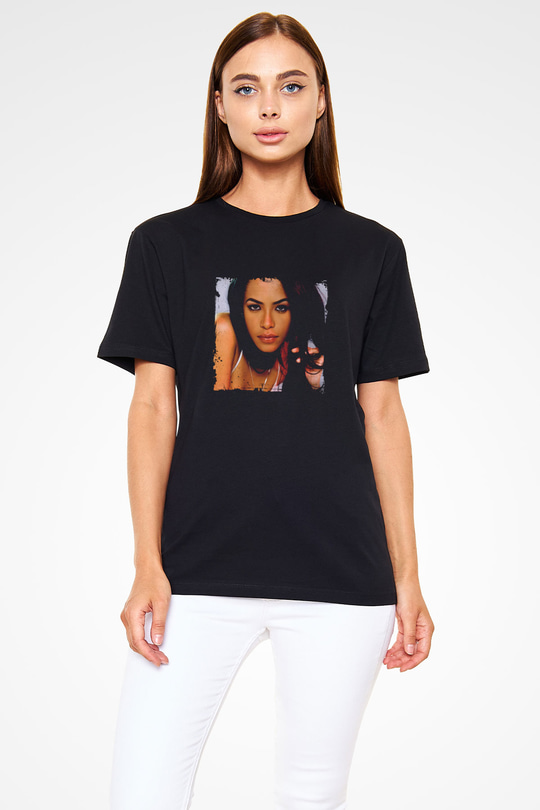 Aaliyah Baskılı Unisex Siyah Tişört