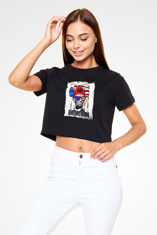 Abraham Lincoln Baskılı Siyah Kadın Crop Top Tişört