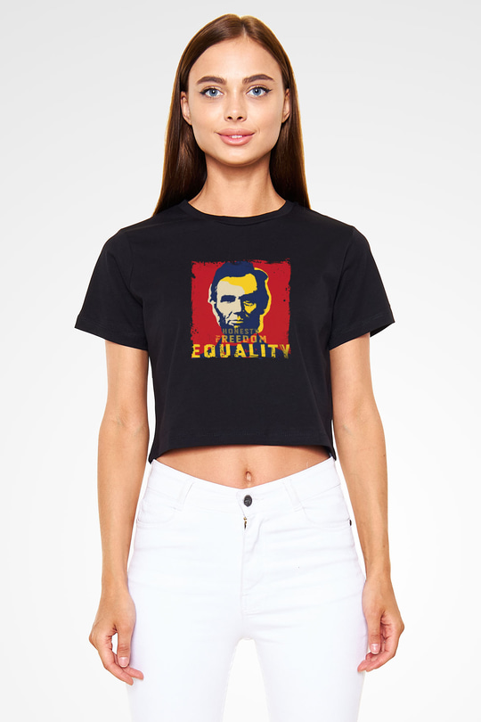Abraham Lincoln Baskılı Siyah Kadın Crop Top Tişört