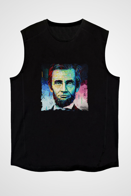 Abraham Lincoln Baskılı Unisex Siyah Kolsuz Tişört