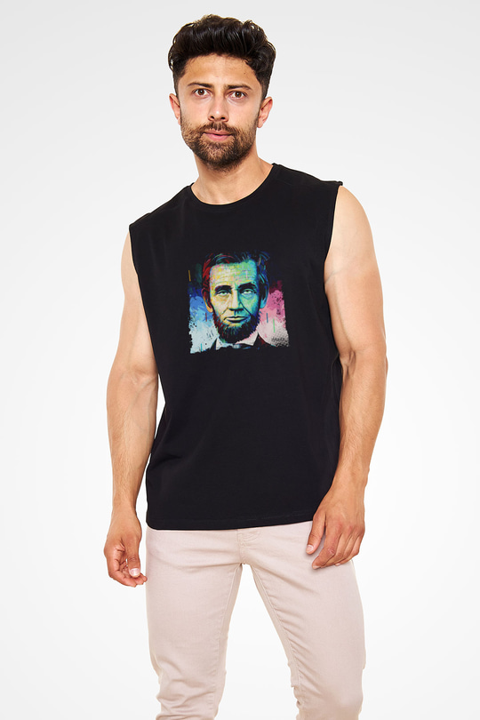 Abraham Lincoln Baskılı Unisex Siyah Kolsuz Tişört