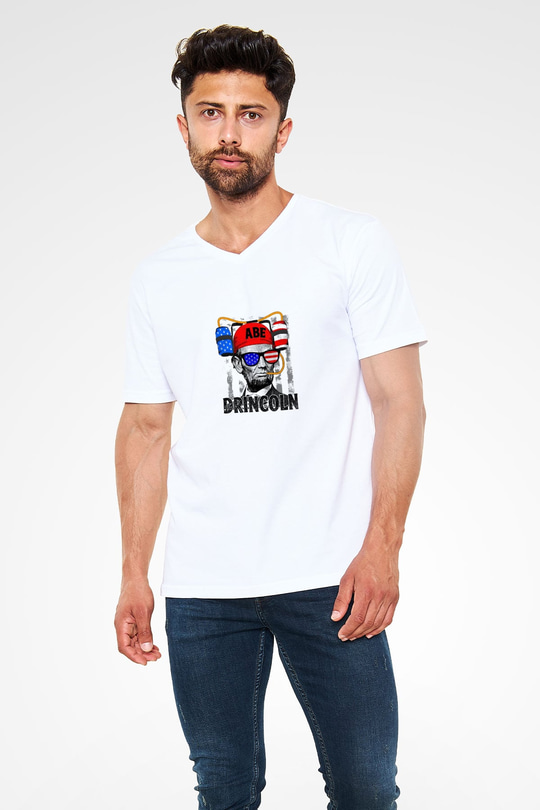 Abraham Lincoln Baskılı V Yaka Unisex Beyaz Tişört