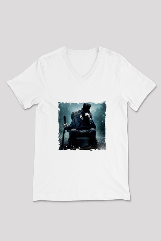 Abraham Lincoln Baskılı V Yaka Unisex Beyaz Tişört