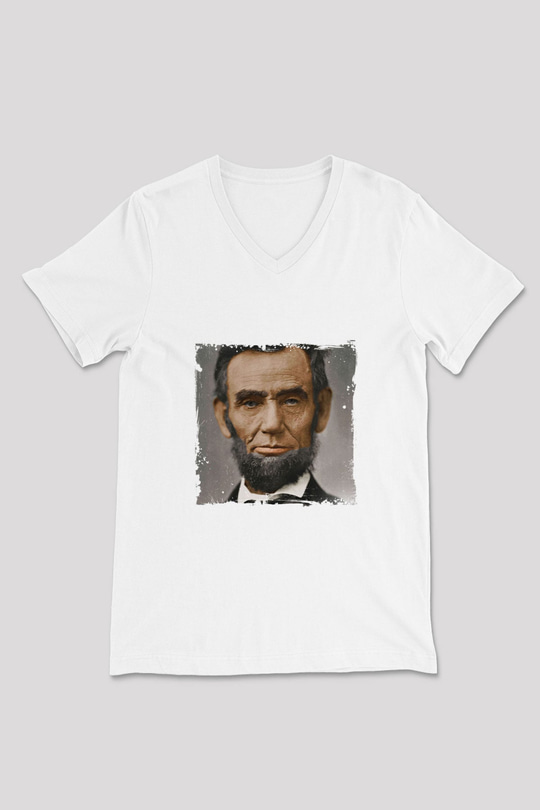 Abraham Lincoln Baskılı V Yaka Unisex Beyaz Tişört