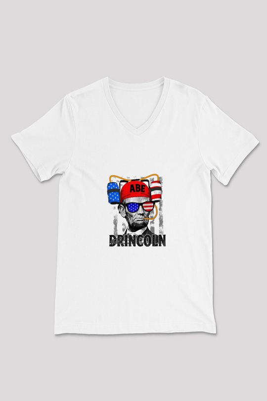 Abraham Lincoln Baskılı V Yaka Unisex Beyaz Tişört