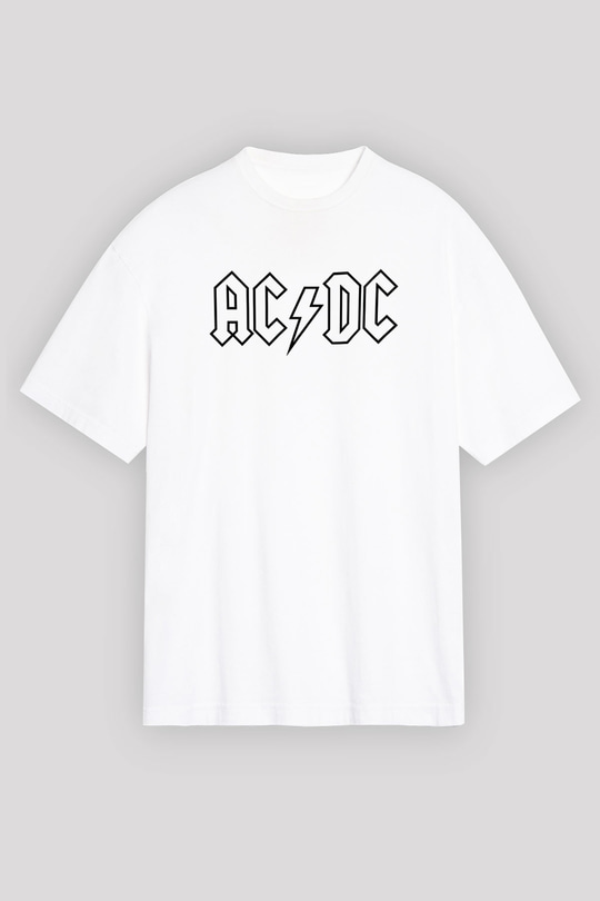 ACDC Baskılı Unisex Beyaz Oversize Tişört