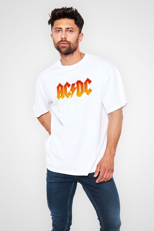 ACDC Baskılı Unisex Beyaz Oversize Tişört