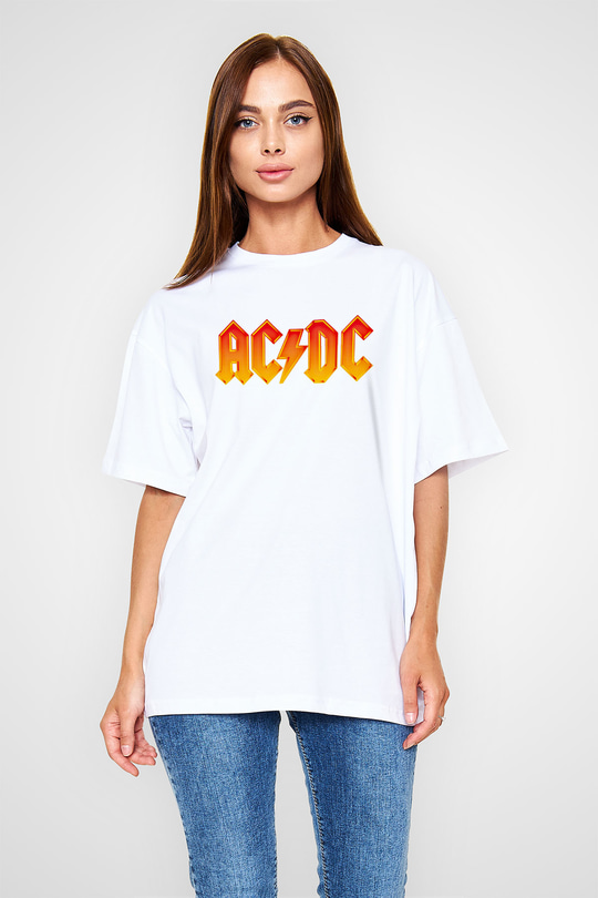 ACDC Baskılı Unisex Beyaz Oversize Tişört