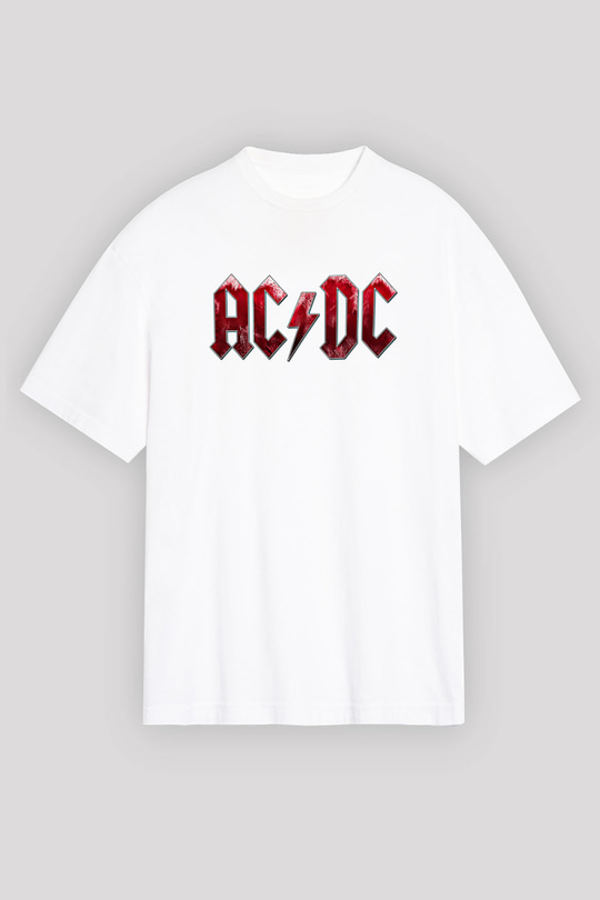 ACDC Baskılı Unisex Beyaz Oversize Tişört