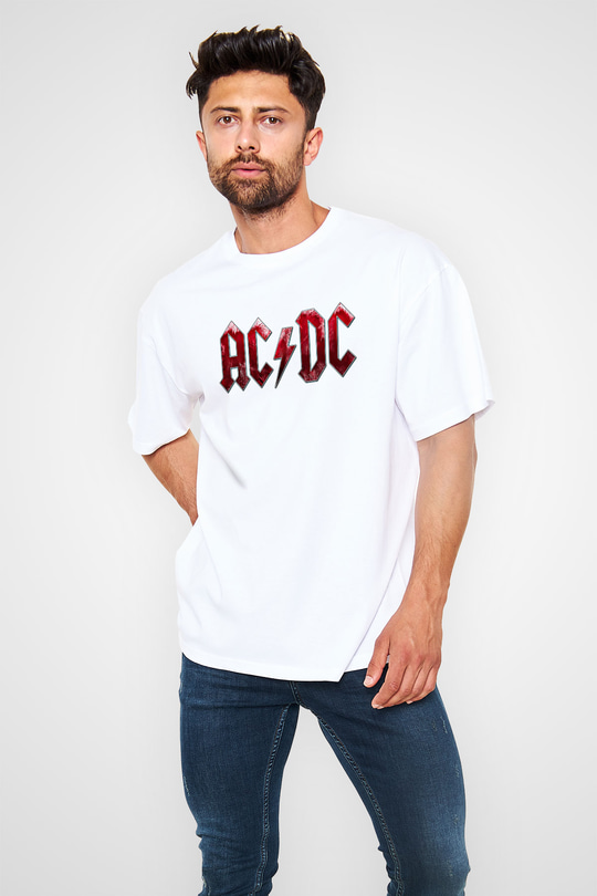 ACDC Baskılı Unisex Beyaz Oversize Tişört