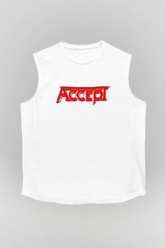 Accept Baskılı Unisex Beyaz Kolsuz Tişört