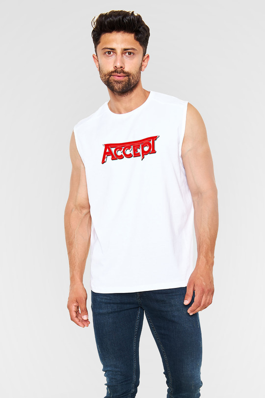 Accept Baskılı Unisex Beyaz Kolsuz Tişört