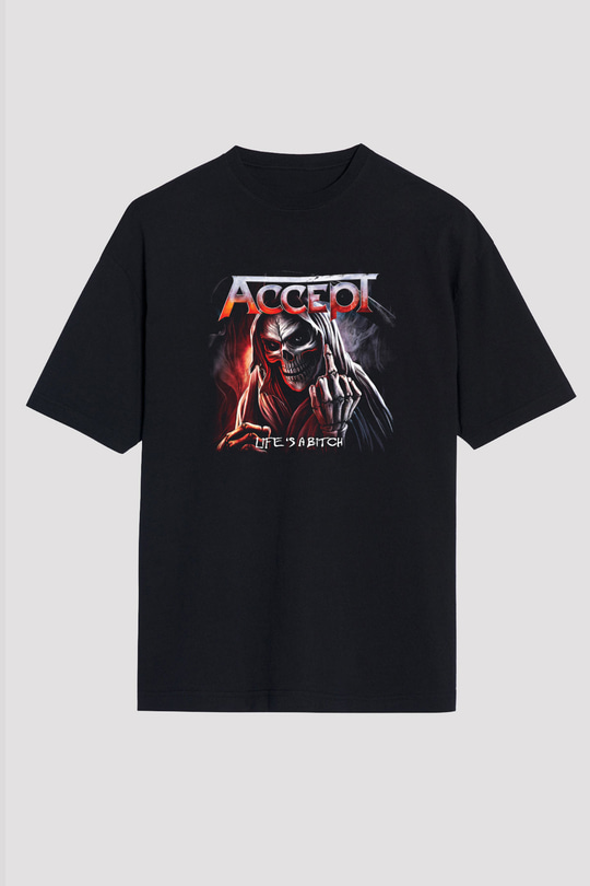 Accept Baskılı Unisex Siyah Oversize Tişört