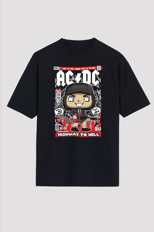 ACDC Baskılı Unisex Siyah Oversize Tişört
