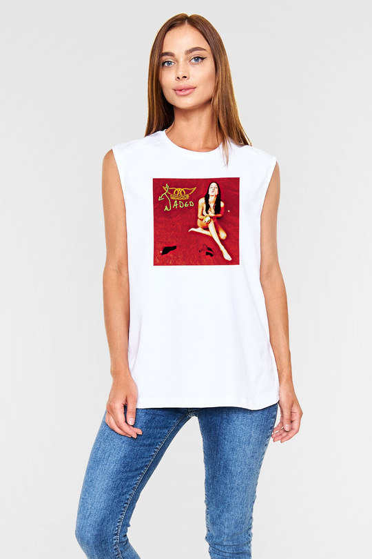 Aerosmith Baskılı Unisex Beyaz Kolsuz Tişört