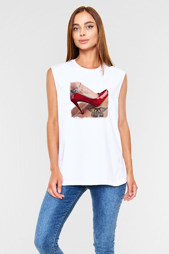 Aerosmith Baskılı Unisex Beyaz Kolsuz Tişört
