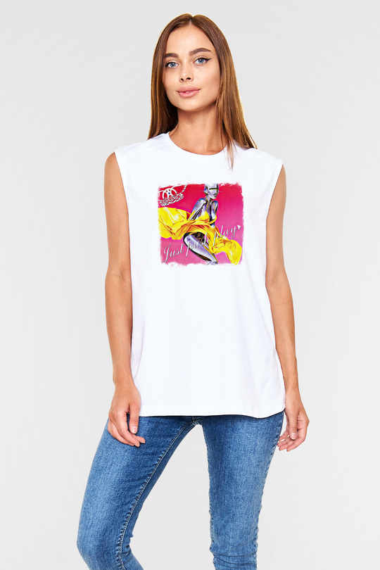 Aerosmith Baskılı Unisex Beyaz Kolsuz Tişört