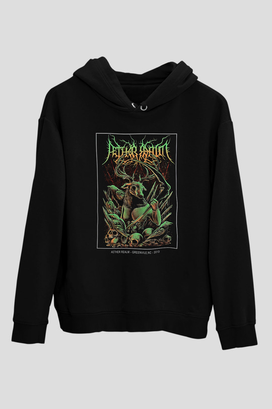 Aether Realm Baskılı Unisex Siyah Kapüşonlu Sweatshirt