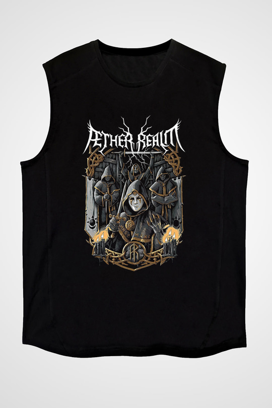 Aether Realm Baskılı Unisex Siyah Kolsuz Tişört - Tshirt