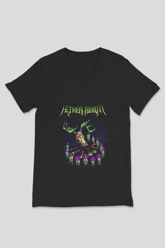 Aether Realm Baskılı Unisex Siyah V Yaka Tişört - Tshirt