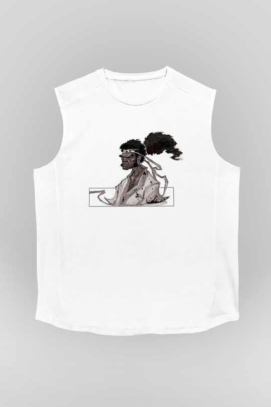 Afro Samurai Baskılı Beyaz Unisex Kolsuz Tişört - Tshirt