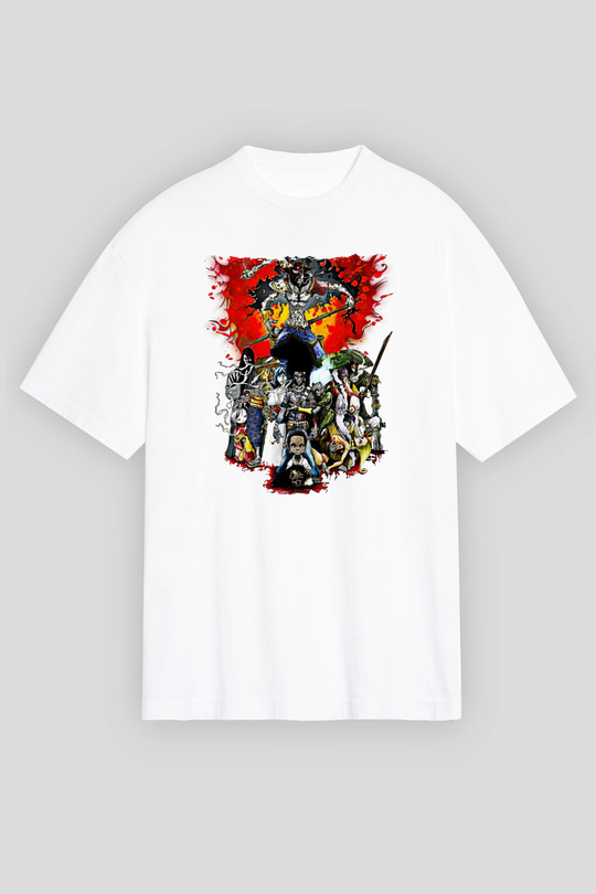 Afro Samurai Baskılı Beyaz Unisex Oversize Tişört - Tshirt