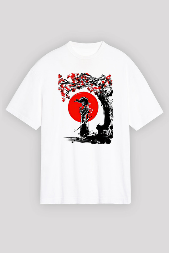 Afro Samurai Baskılı Beyaz Unisex Oversize Tişört - Tshirt